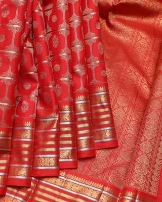 Scarlet red and gold pure zari silk saree with silk mark certified 1