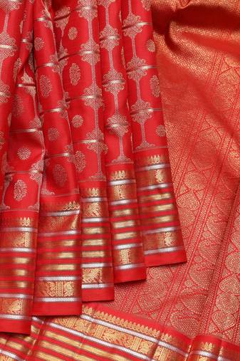 Scarlet red and gold pure zari silk saree with silk mark certified