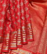 Scarlet red and gold pure zari silk saree with silk mark certified