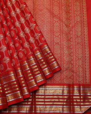 Scarlet red and gold pure zari silk saree with silk mark certified 2