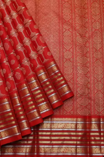 Scarlet red and gold pure zari silk saree with silk mark certified