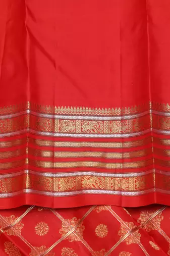 Scarlet red and gold pure zari silk saree with silk mark certified