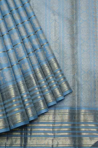 Steel blue pure zari silk saree with silk mark certified