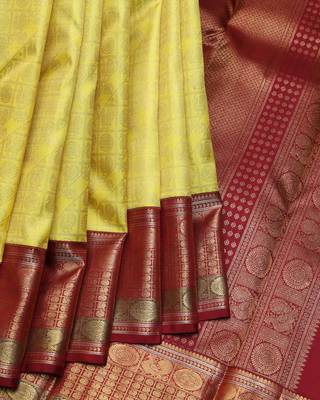 Lemon yellow and maroon pure zari silk saree with silk mark certified 1
