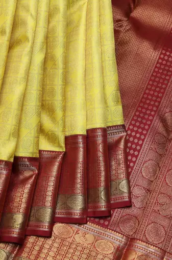 Lemon yellow and maroon pure zari silk saree with silk mark certified