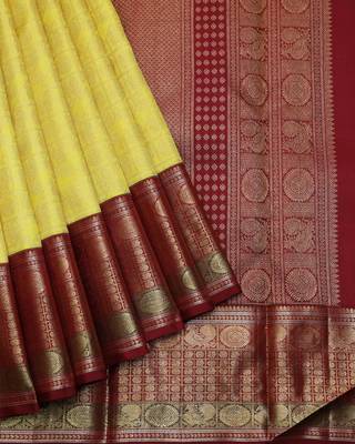 Lemon yellow and maroon pure zari silk saree with silk mark certified 2