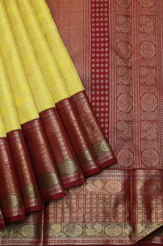 Lemon yellow and maroon pure zari silk saree with silk mark certified