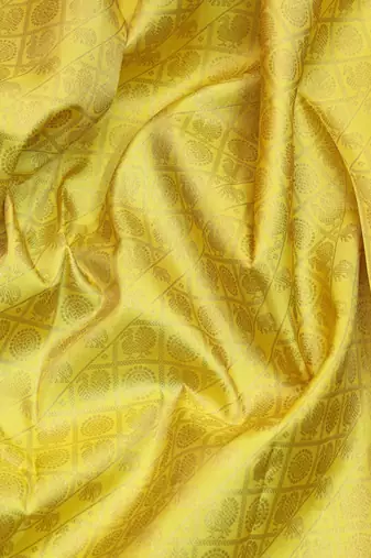 Lemon yellow and maroon pure zari silk saree with silk mark certified