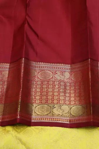 Lemon yellow and maroon pure zari silk saree with silk mark certified