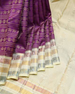 Purple and cream designer pure zari silk saree with silk mark certified 1