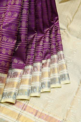 Purple and cream designer pure zari silk saree