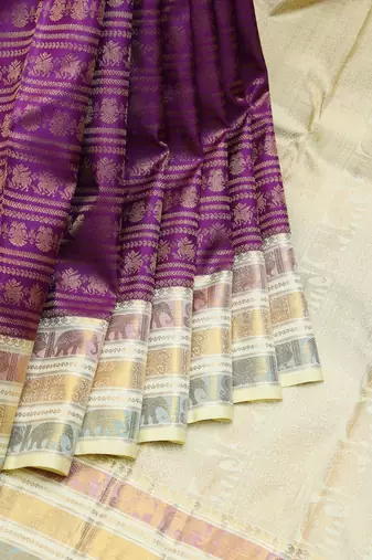 Purple and cream designer pure zari silk saree with silk mark certified