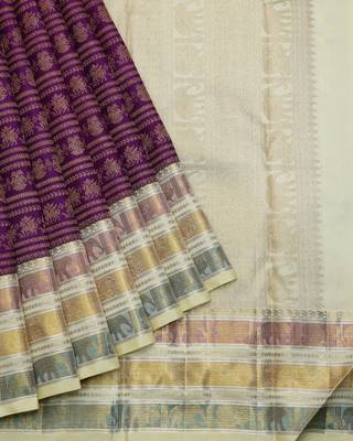 Purple and cream designer pure zari silk saree with silk mark certified 2