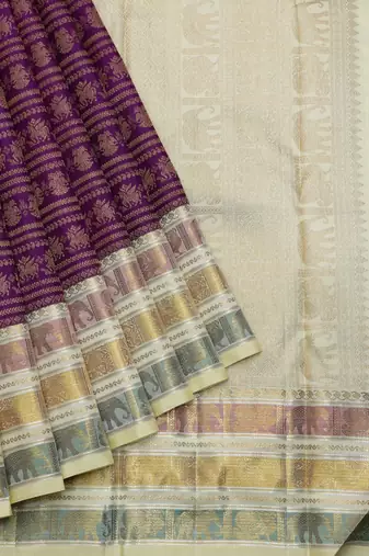 Purple and cream designer pure zari silk saree with silk mark certified