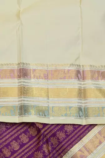Purple and cream designer pure zari silk saree with silk mark certified