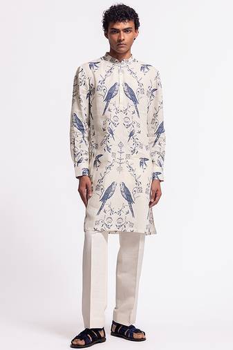 White digital printed linen kurta