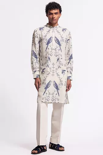 White digital printed linen kurta