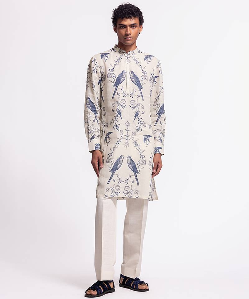 White digital printed linen kurta