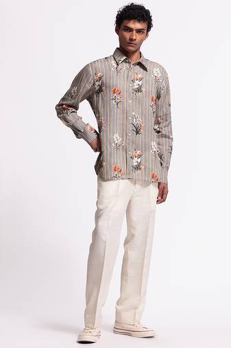 Grey floral printed linen shirt