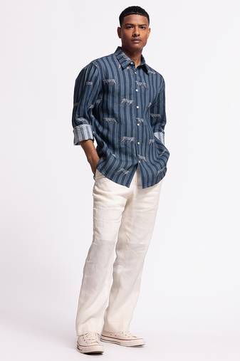Blue floral plain linen shirt