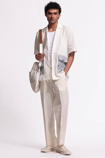 White floral plain linen shirt