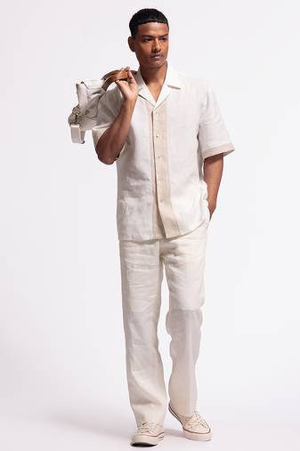 White floral plain linen shirt