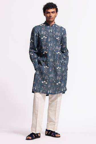 Blue floral printed linen kurta