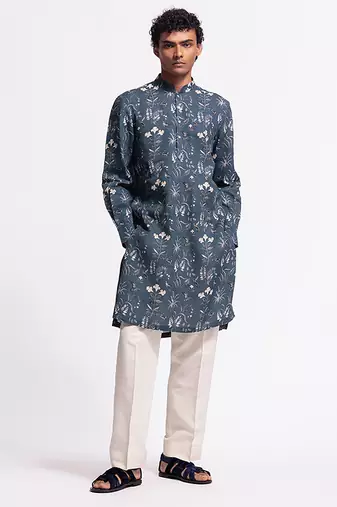 Blue floral printed linen kurta