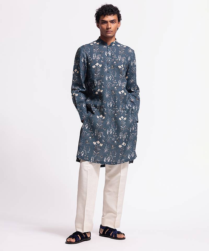 Blue floral printed linen kurta