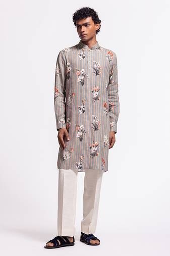 Grey floral printed linen kurta