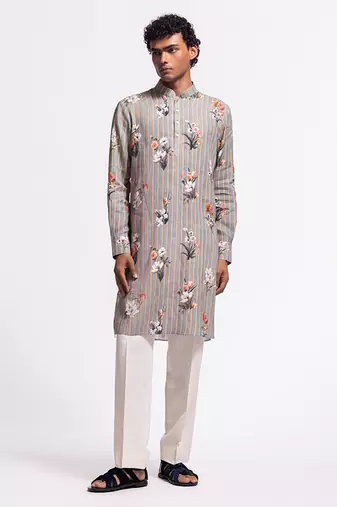 Grey floral printed linen kurta