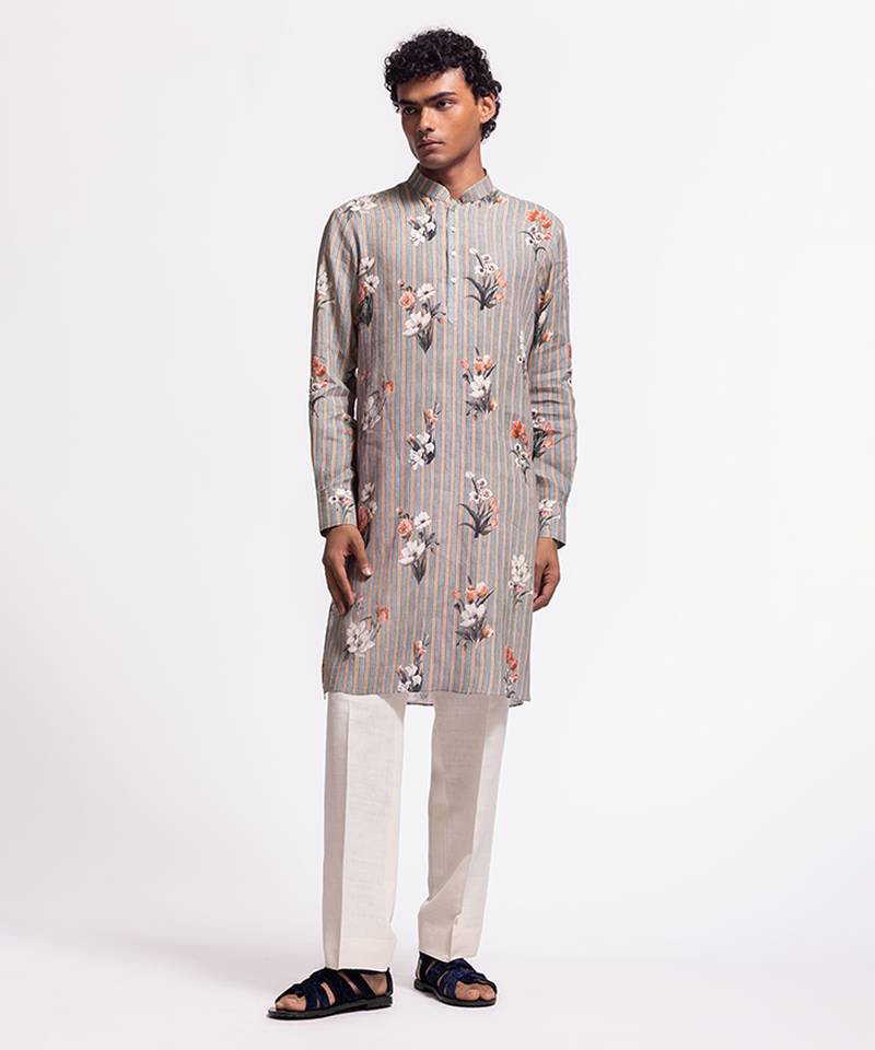 Grey floral printed linen kurta