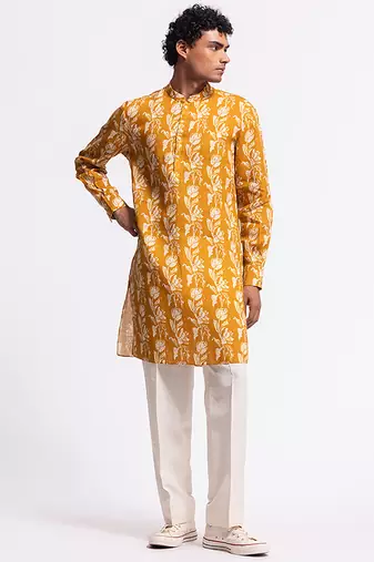 Yellow floral printed linen kurta