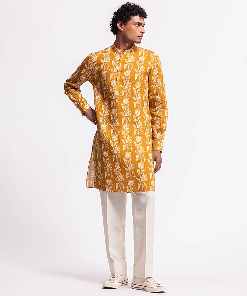 Yellow floral printed linen kurta