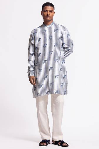 Blue floral printed linen kurta