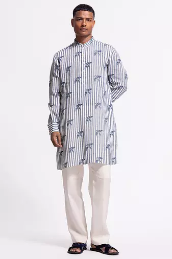 Blue floral printed linen kurta