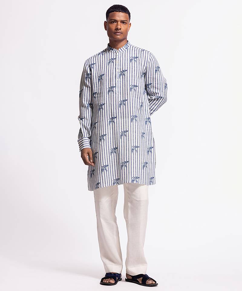 Blue floral printed linen kurta