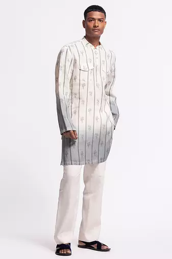 White floral printed linen kurta