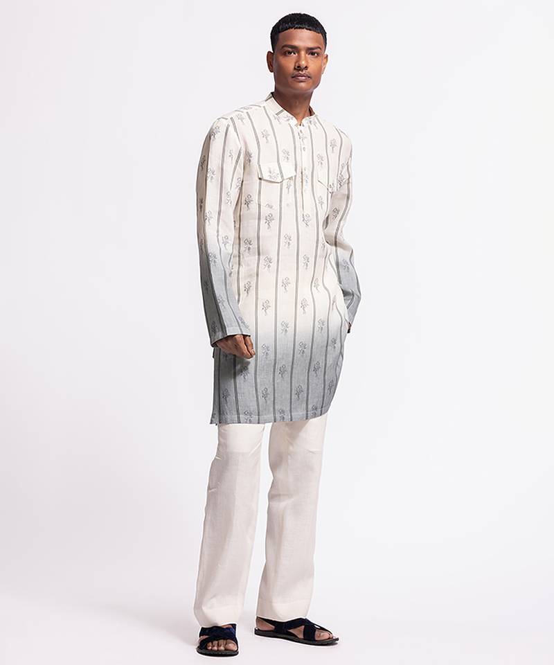 White floral printed linen kurta