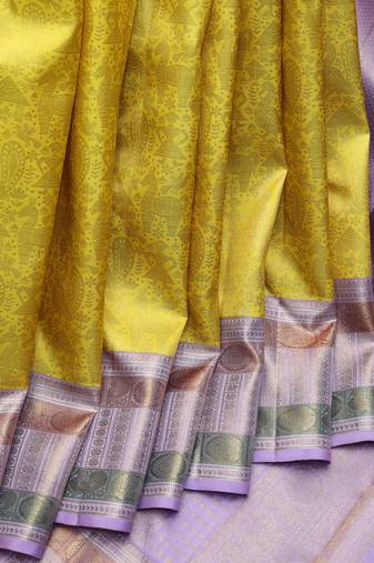 Yellow and lavender pure zari silk saree