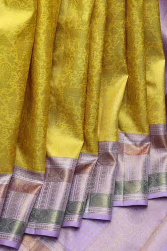 Yellow and lavender pure zari silk saree with silk mark certified