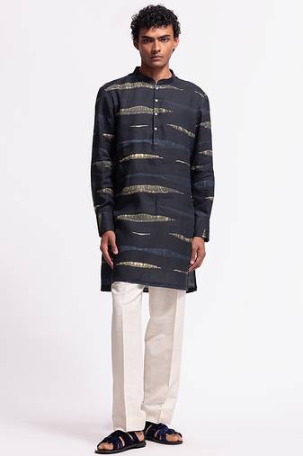 Blue floral plain linen kurta