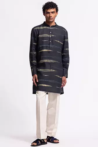 Blue floral plain linen kurta
