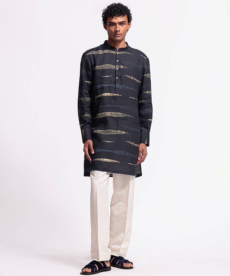 Blue floral plain linen kurta
