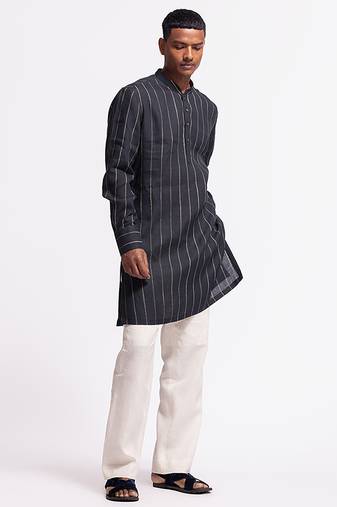 Blue floral plain linen kurta