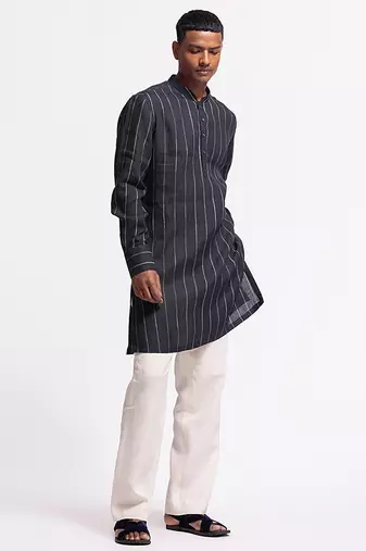 Blue floral plain linen kurta