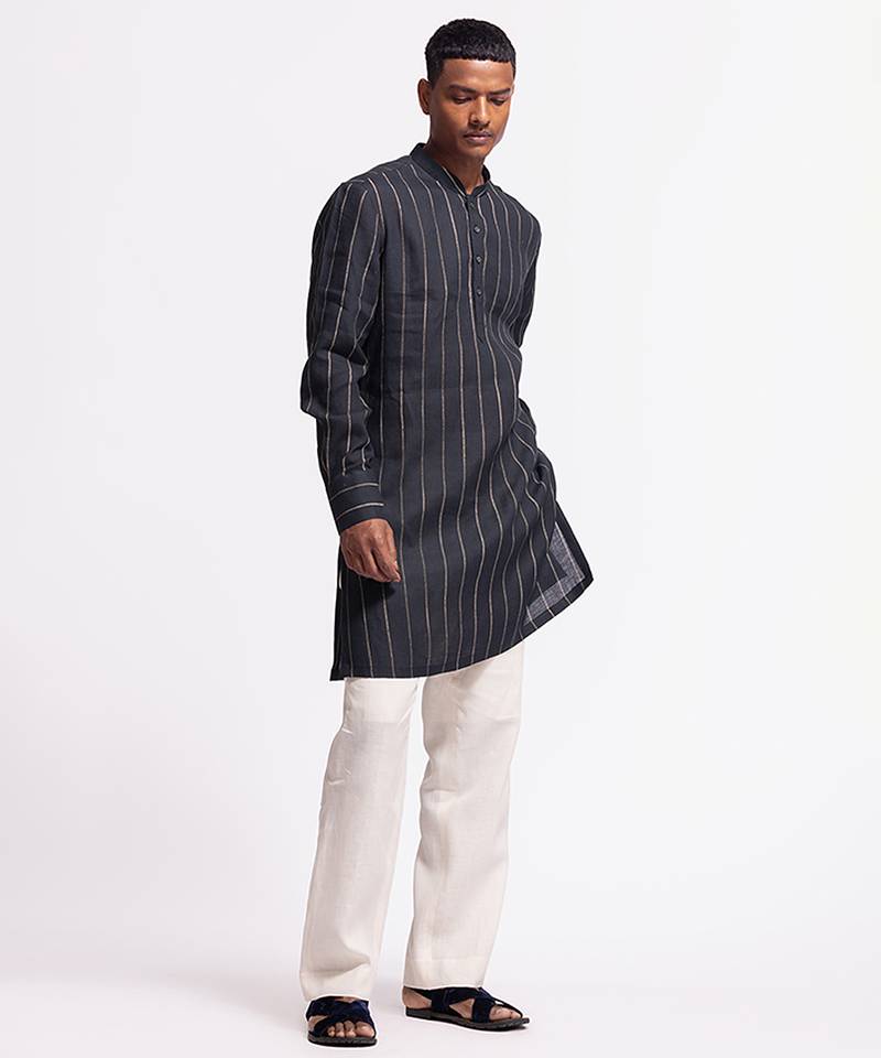 Blue floral plain linen kurta