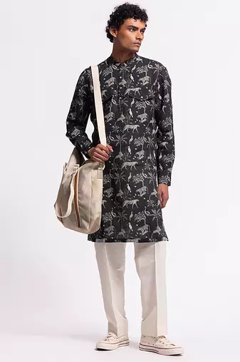 Black digital printed linen kurta