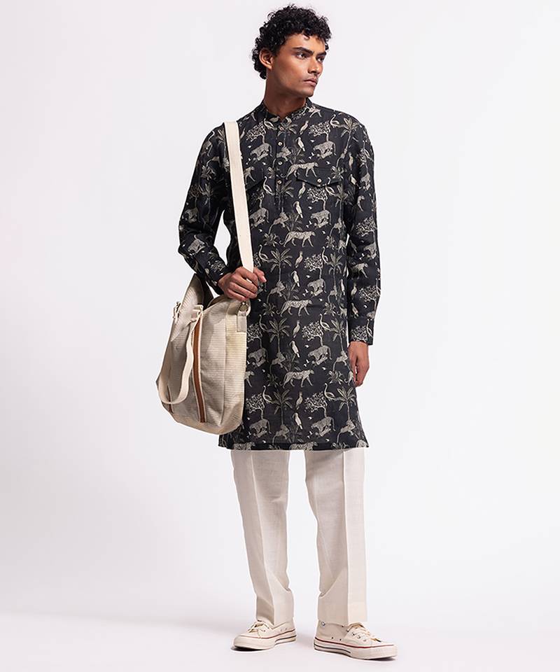 Black digital printed linen kurta