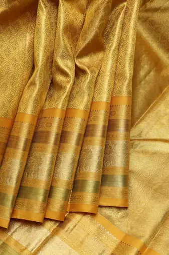 Golden mustard pure zari tissue silk saree with silk mark certified